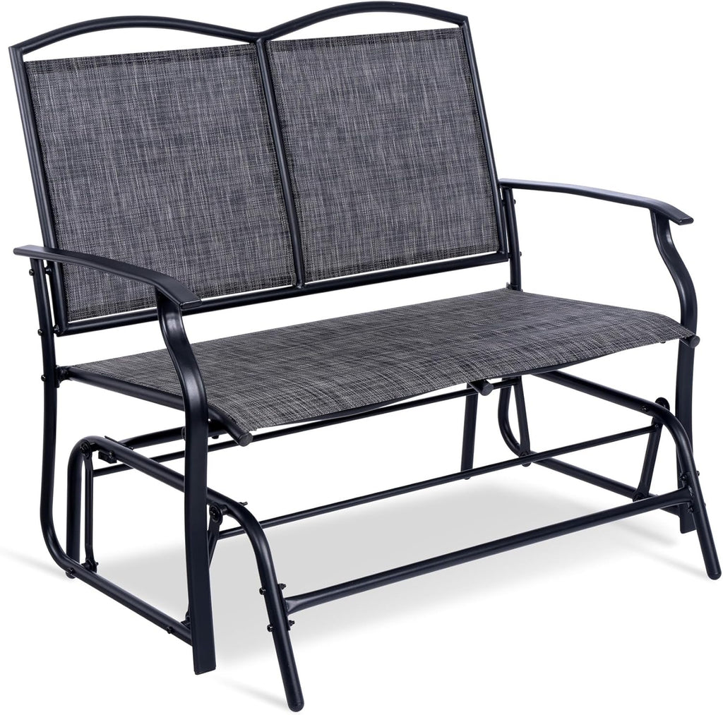 Backyard Expressions 2-Person Outdoor Glider Bench, Patio Double Swing Rocking Chair Loveseat w/Powder Coated Steel Frame for Backyard Garden Porch, Black Frame - Heathered Grey Sling Fabric