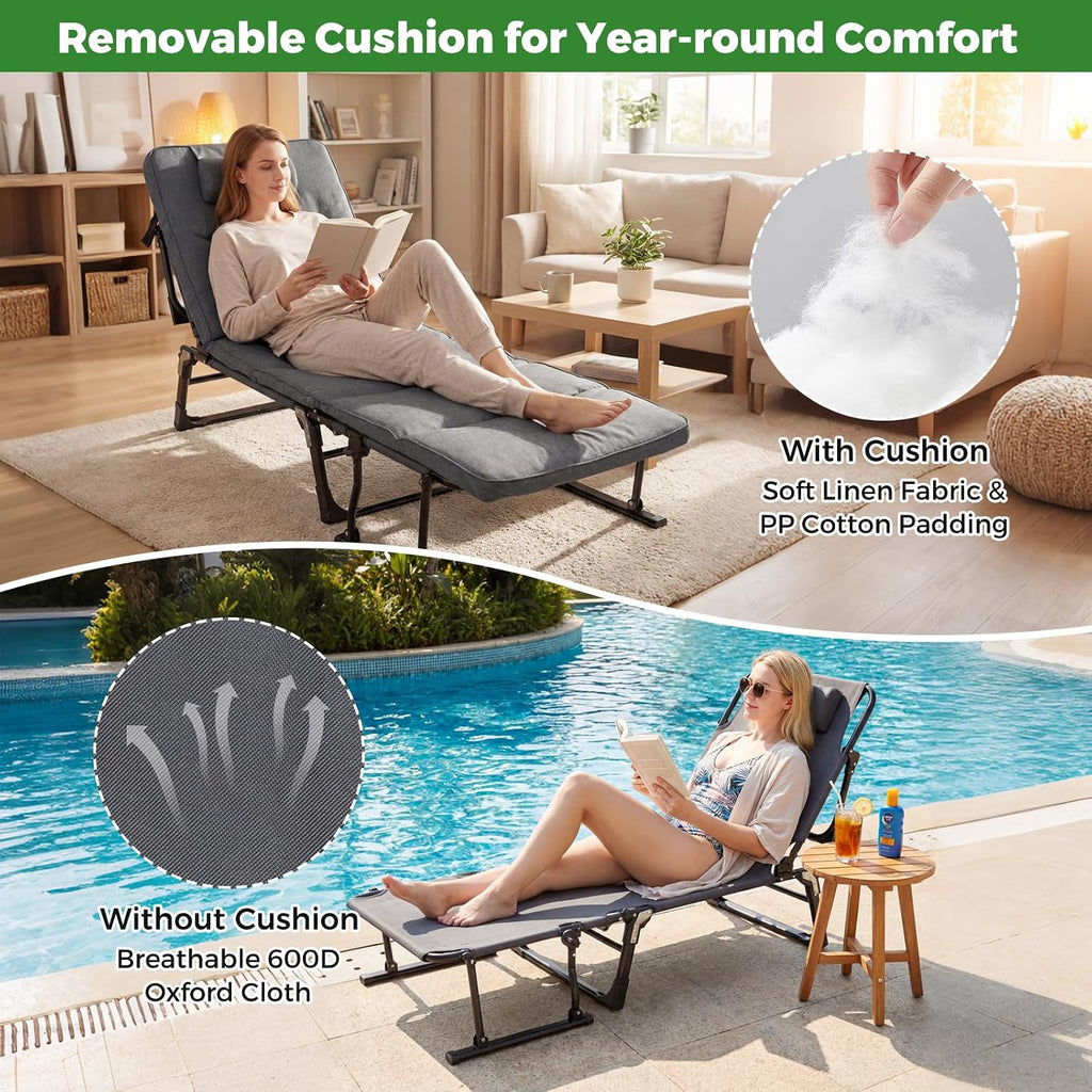 KOTEK Chaise Lounge Chair, 6-Position Folding Camping Cot with Padded Mattress, Pillow, Adjustable Camp Cot Bed for Outdoor/Indoor, Backyard, Garden, Patio, Beach, Pool or Office Use, Support 440 Lbs
