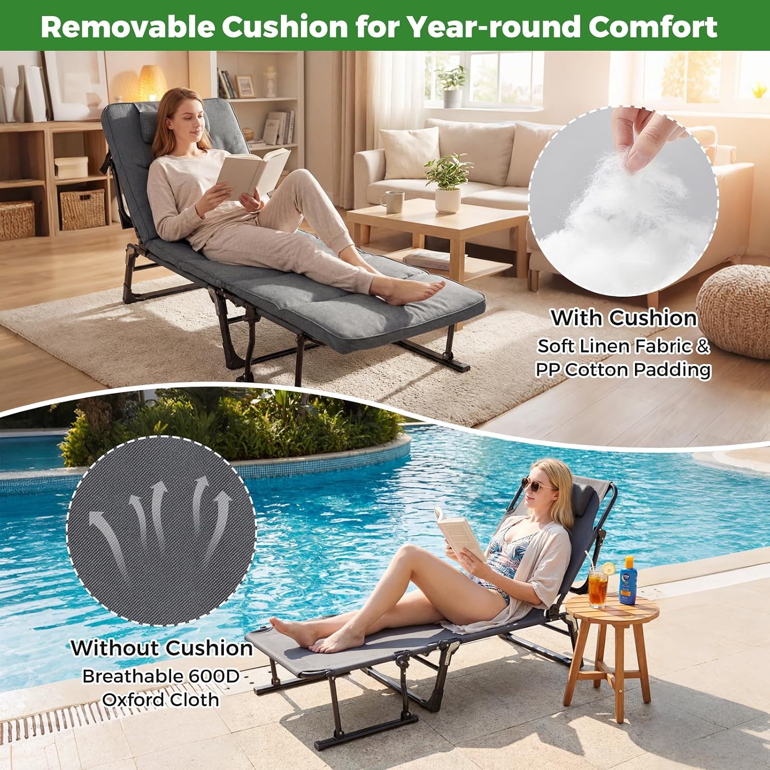 KOTEK Chaise Lounge Chair, 6-Position Folding Camping Cot with Padded Mattress, Pillow, Adjustable Camp Cot Bed for Outdoor/Indoor, Backyard, Garden, Patio, Beach, Pool or Office Use, Support 440 Lbs