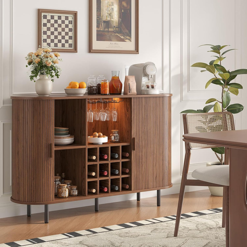 55 Inch Fluted Wine Bar Cabinet, Liquor Cabinet with LED Light, Coffee Bar Cabinets with Storage, Mid-Century Modern Bar Cabinet with Charge Station Wine Racks for Kithcen (Walnut)
