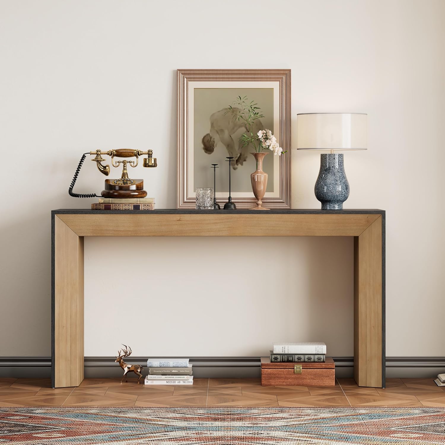 Fireplace Console Table for Living Room: 65-Inch Elegant Entryway Table - 220 lbs Weight Capacity with Wood Veneer Top for Hallway & Foyer Decor