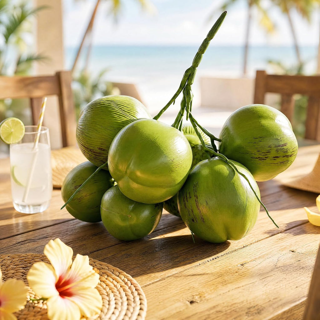 Novabright Fake Coconut, 1 Bunch Artificial Coconuts for Decoration, Lifelike Tropical Fake Green Coconuts Prop Artificial Fruit for Home Decoration Display Photo Prop (Seven Coconut)