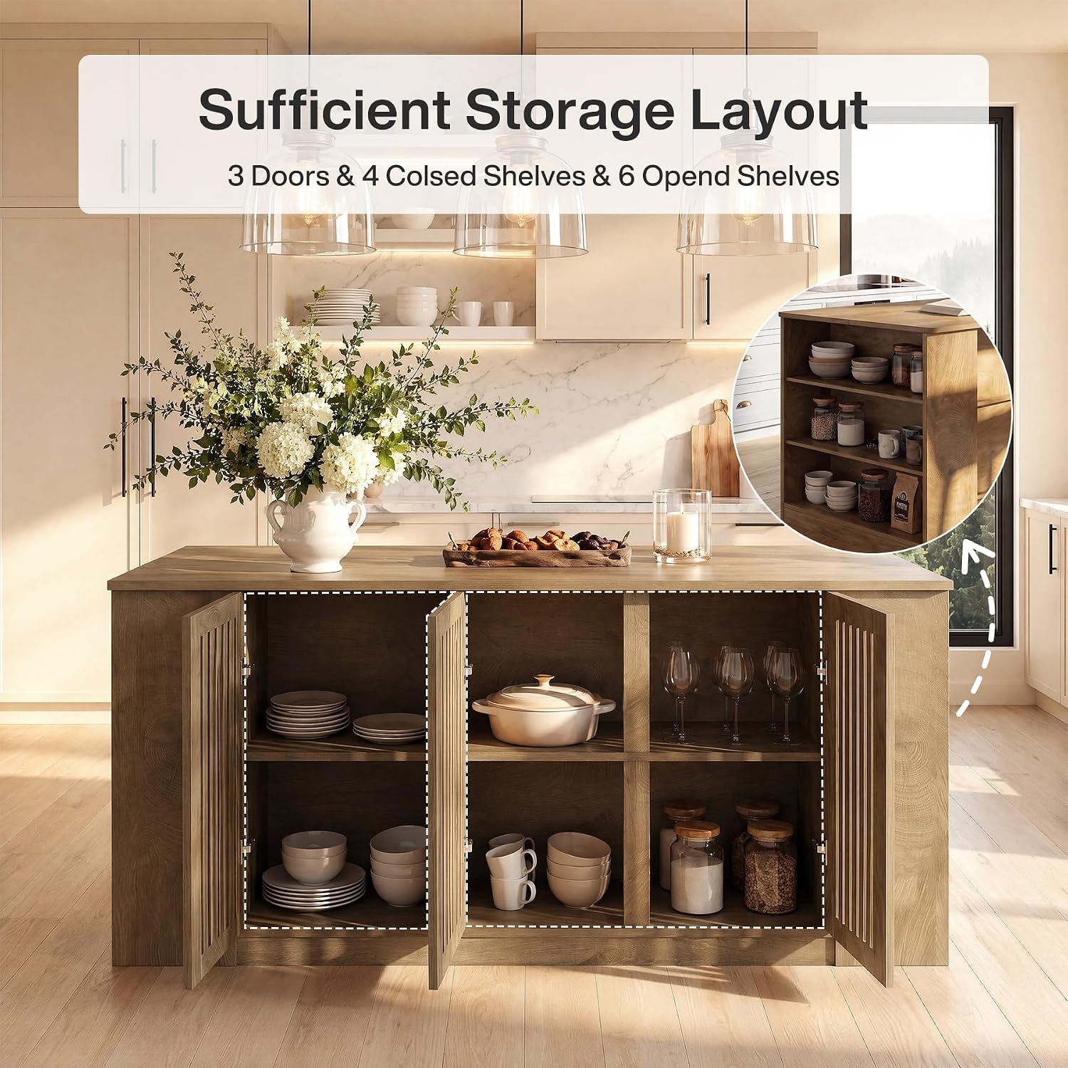 Tribesigns 71" Kitchen Island with Storage and Seating, Wooden Stationary Kitchen Bar, Large Island Table with Slatted Doors Cabinet & 6 Open Shelves, Farmhouse Style for Apartment & Home