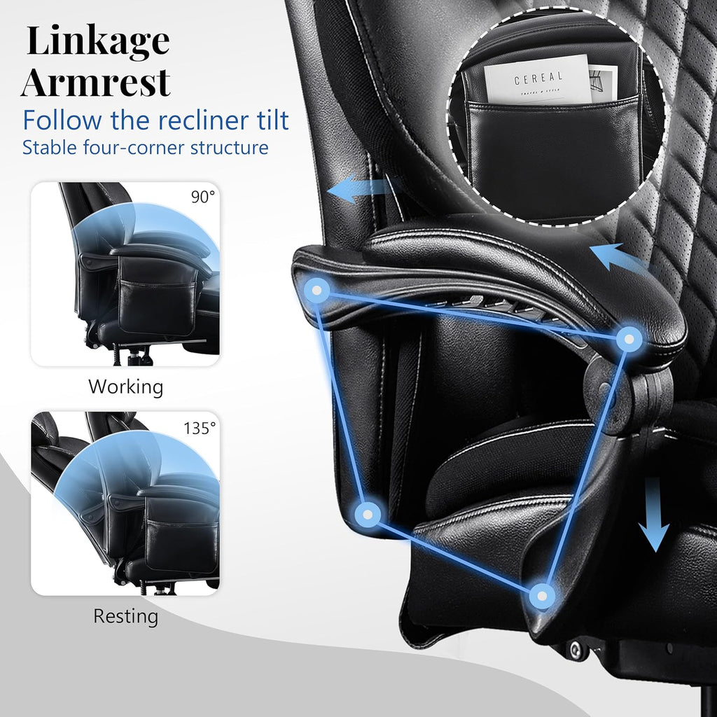 3D Kneading Massage Office Chair, Oversized 600LBS Big and Tall Executive Office Chair with Footrest, Reclining Computer Chairs, Wider Upholstered Seat Ergonomic Desk Chair for Home Office, Black