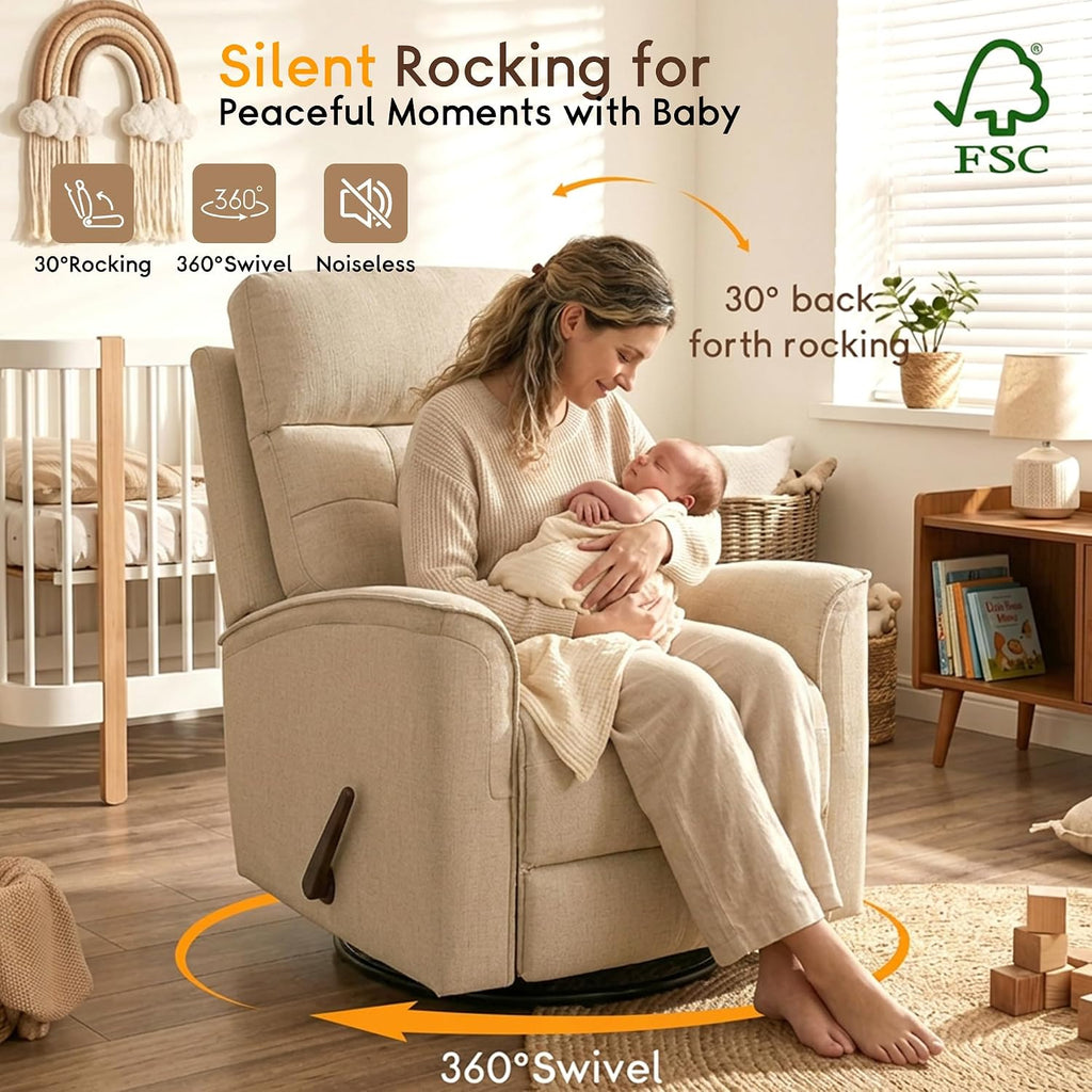 360° Swivel Glider Rocker Recliner Chair, Manual Reclining Sofa for Adults, Nursery Rocking Chiar for Nursery Room, Living Room and Bedroom, Small Recliners for Small Spaces,Beige