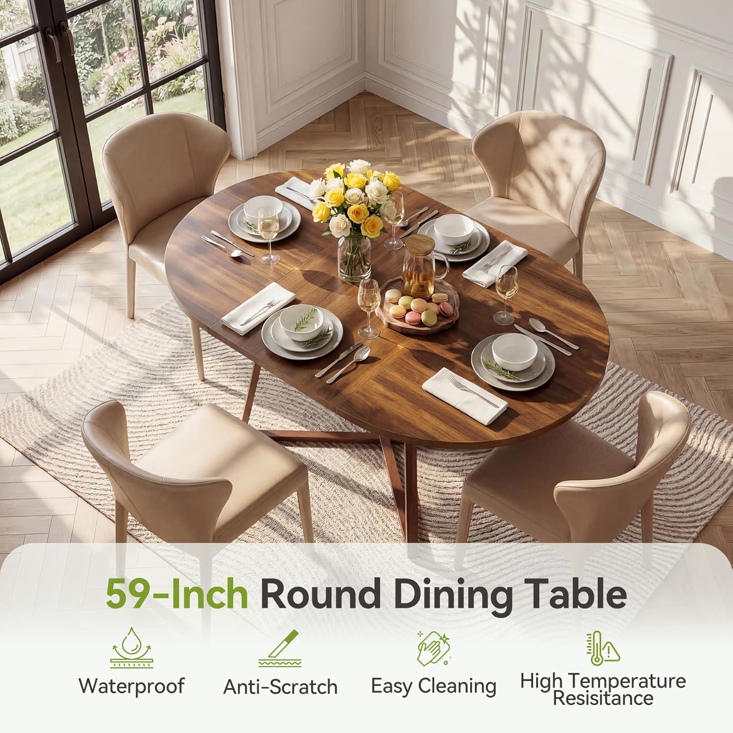 LITTLE TREE 59-Inch Oval Wooden Dining Table for 4-6, Kitchen Round Table with Metal Cross Base, Modern Farmhouse Dining Table for Small Space, Dining Room, Apartment, Living Room, Walnut (Table Only)