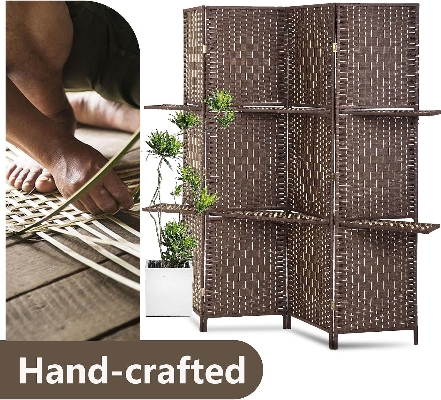 FDW Room Divider 4 Panel Wooden Screen Folding Portable Partition Screens Wood with Removable Storage Shelves Color, Dark Brown