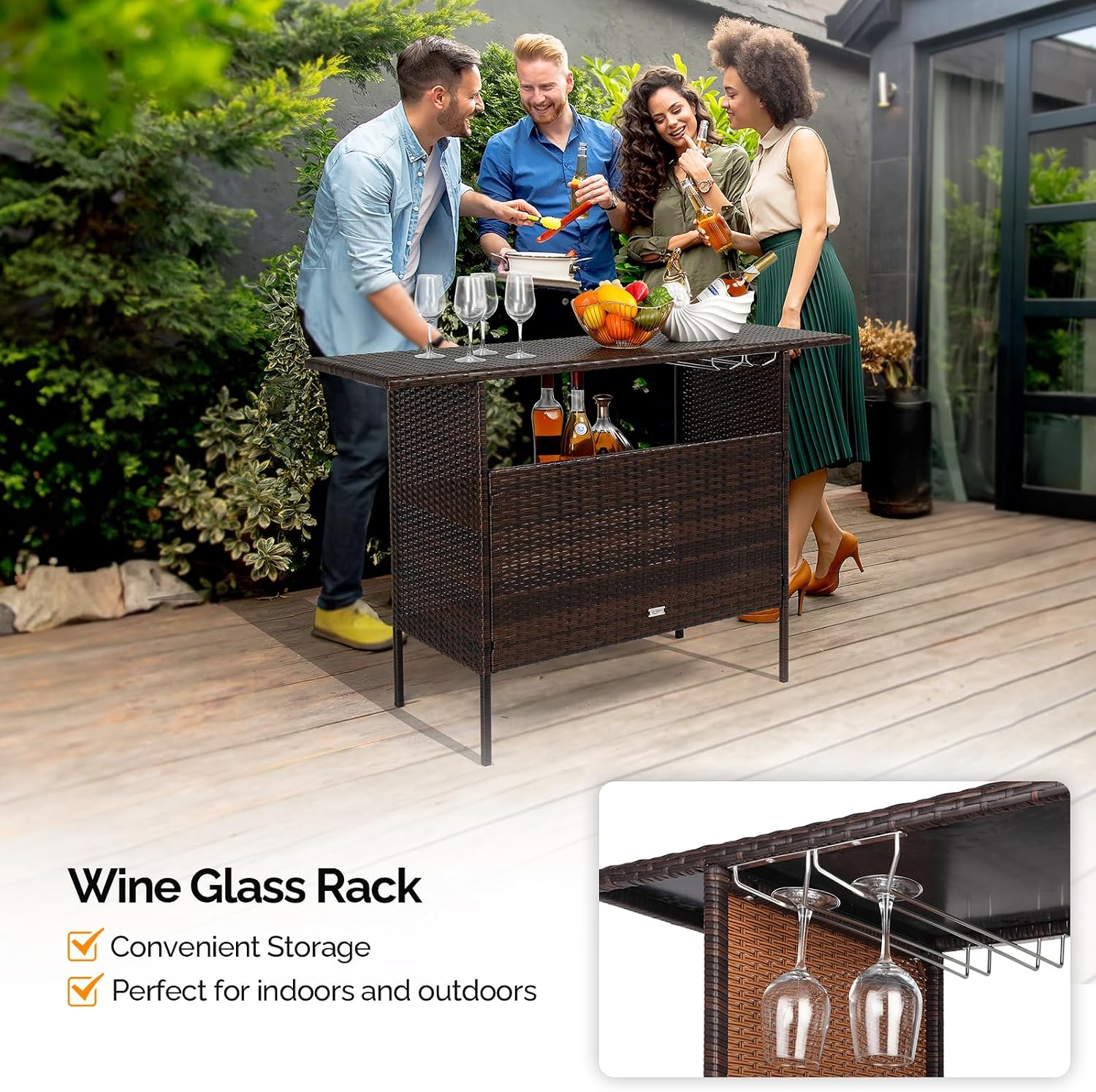 VINGLI Wicker Outdoor Bar Table with 2 Steel Shelves, Sets of Rails, Rattan Patio Storage for Backyard, Poolside, Garden
