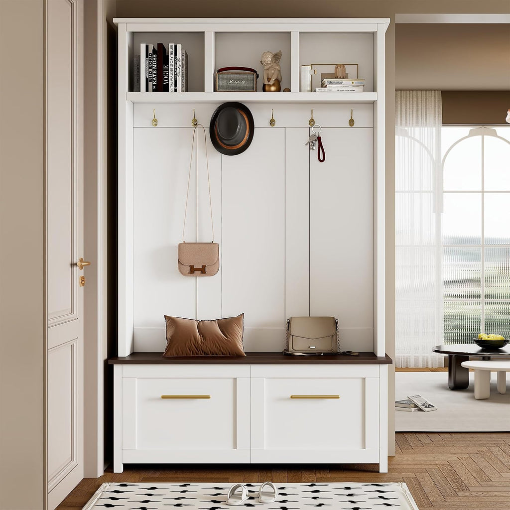 Modern Hall Tree with 6 Golden Hooks, Wood Entryway Coat Hanger with Brown Wood Grain Storage Bench and Top Open Storage Shelves, Versatile 4-in-1 Entryway Coat Rack for Entrance Hallway (White-9.8)