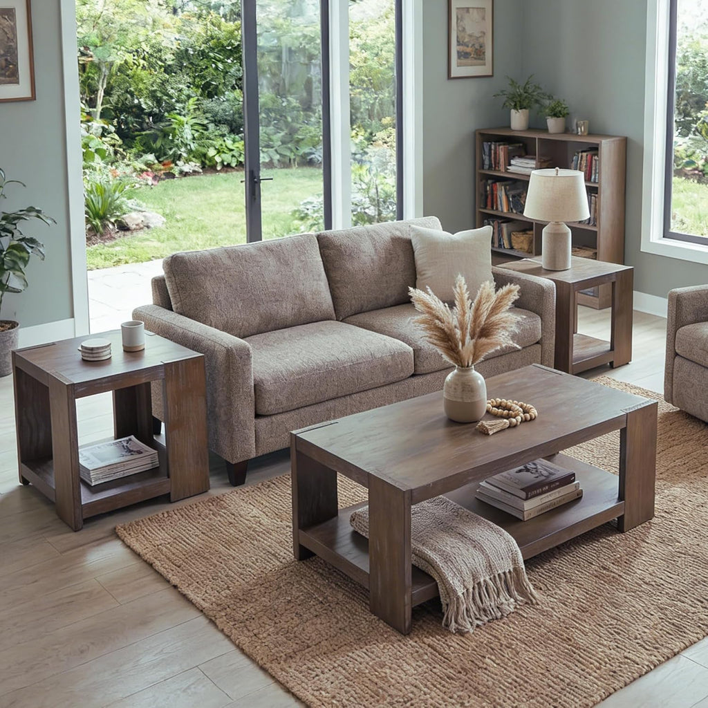 3-Piece Living Room Table Sets, 2-Tier Side Tables & 47" Rectangular Coffee Table, Farmhouse Wood Table Sets with Open Storage Shelves, Rustic Accent End Tables & Center Table, Brown