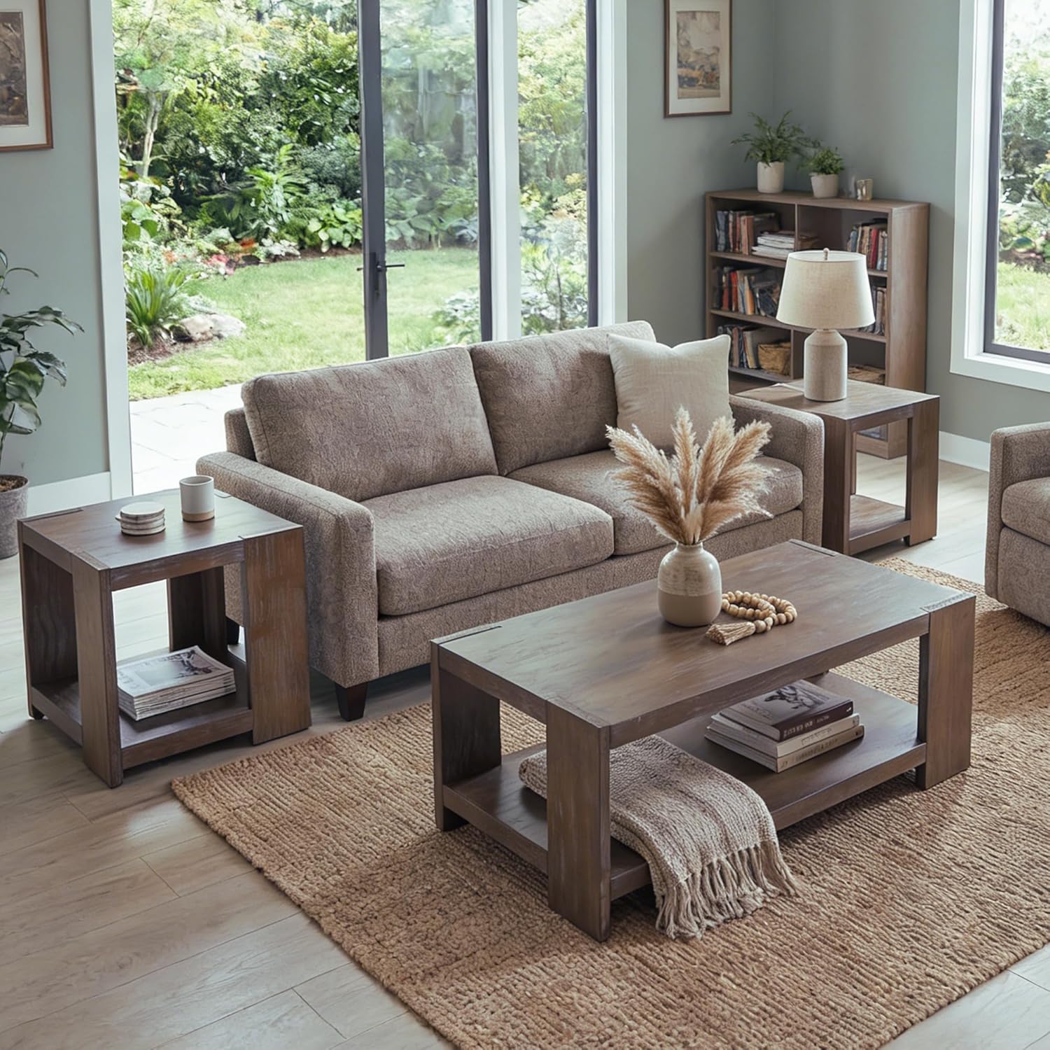 3-Piece Living Room Table Sets, 2-Tier Side Tables & 47" Rectangular Coffee Table, Farmhouse Wood Table Sets with Open Storage Shelves, Rustic Accent End Tables & Center Table, Brown