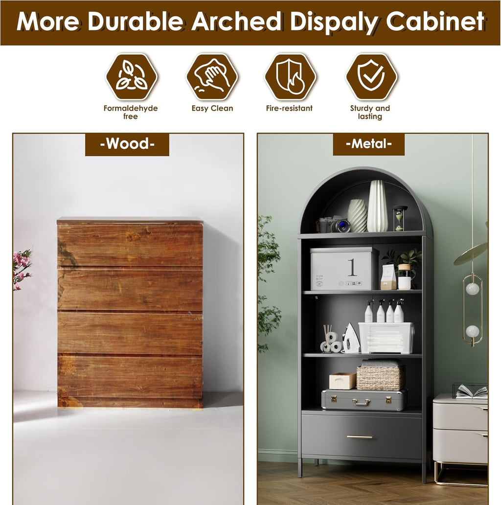 VEXPOR 73" Tall Arched Bookcase with Drawer, Metal Arched Cabinet with 2 Adjustable Shelves, Open Display Shelf for Home Office & Living Room, Heavy Duty Steel Storage Organizer