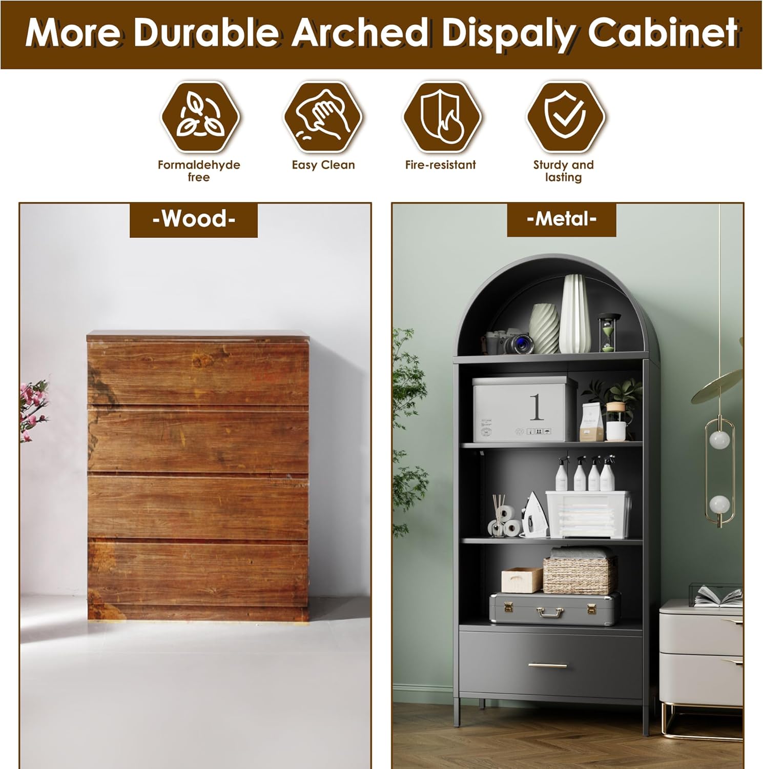 VEXPOR 73" Tall Arched Bookcase with Drawer, Metal Arched Cabinet with 2 Adjustable Shelves, Open Display Shelf for Home Office & Living Room, Heavy Duty Steel Storage Organizer