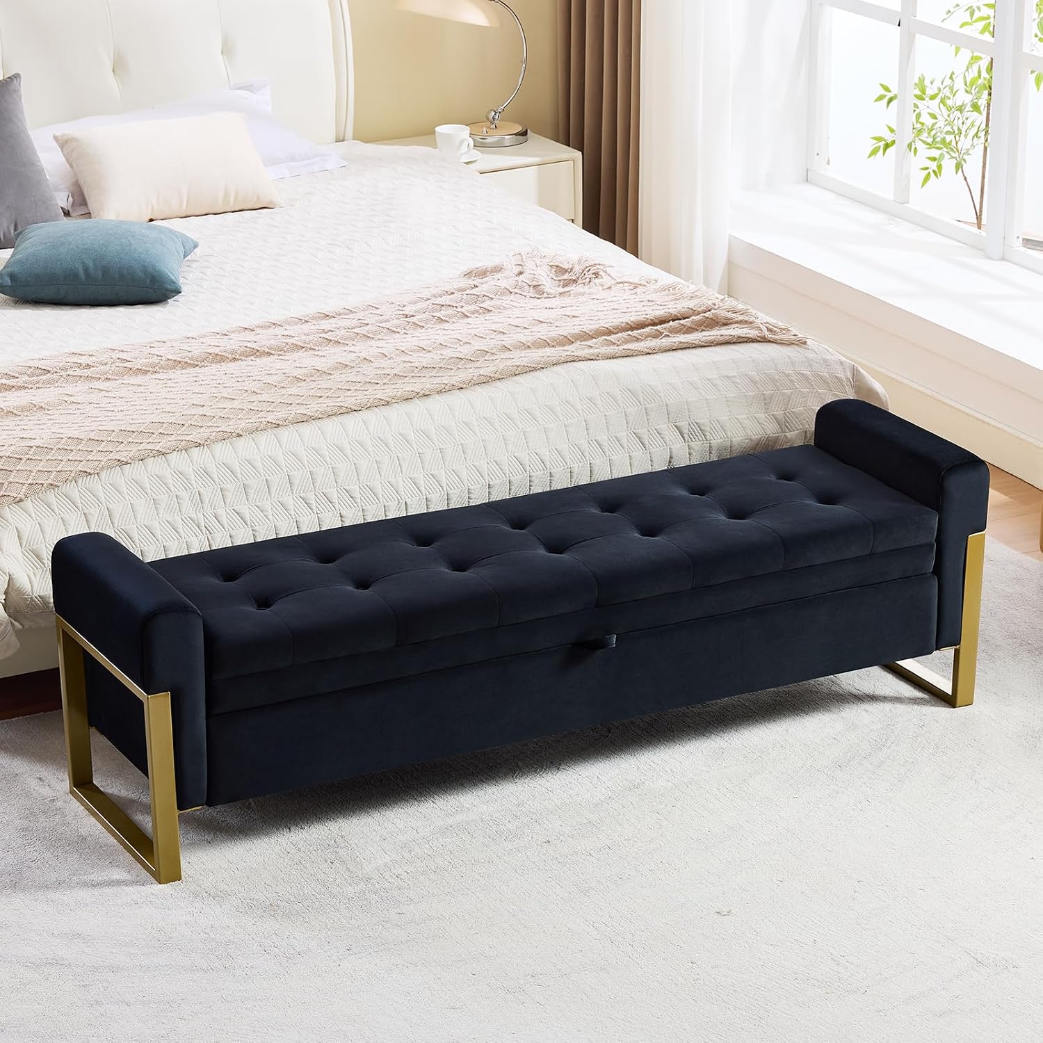 67" Storage Bench for Bedroom, King Size End of Bed Bench, Upholstered Storage Ottoman Bench with Golden Metal Legs, Bedroom Bench for Entryway, Black