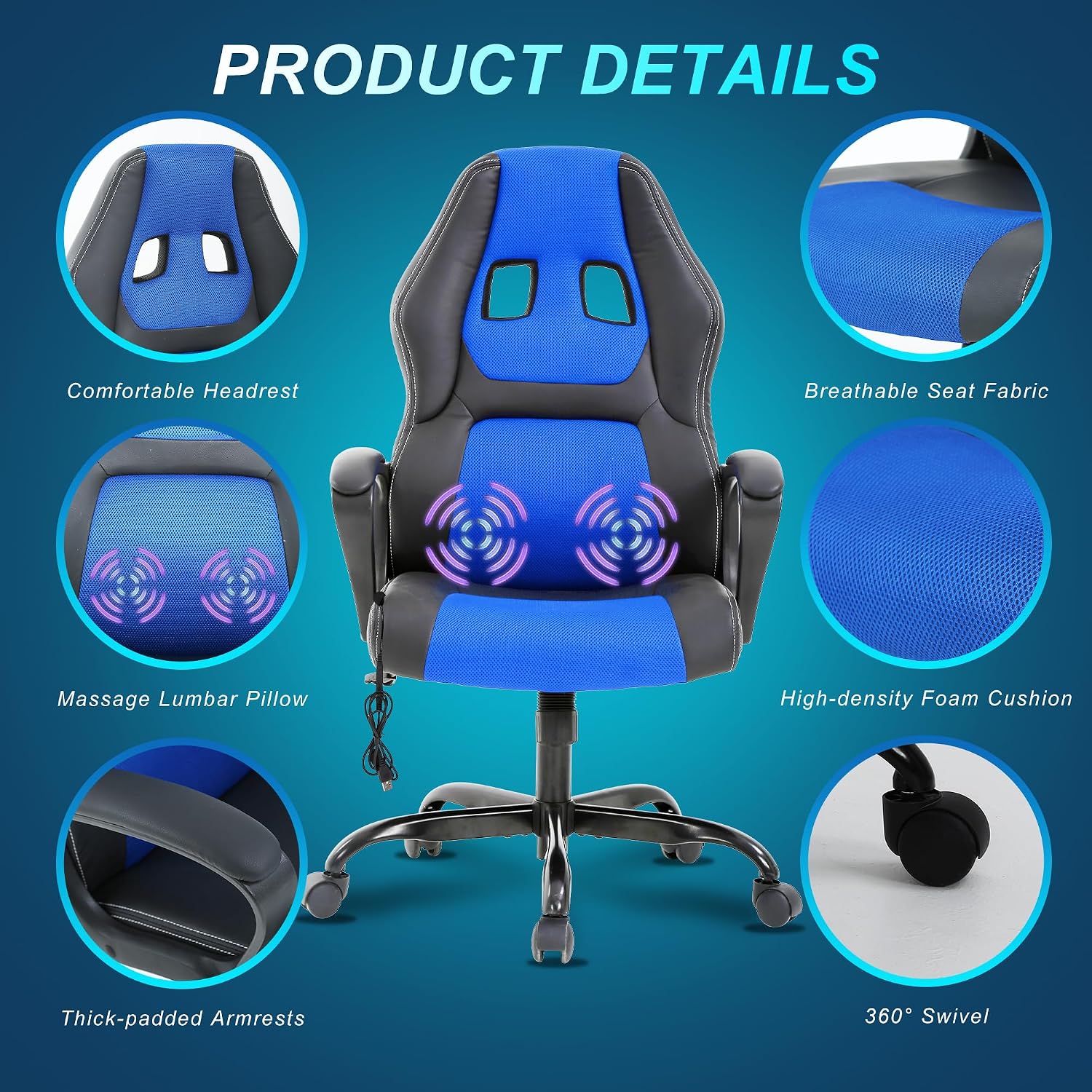Silla Gamer Ergonomic Massage Gaming Chair - Blue Leather Desk Chair for Adults and Kids
