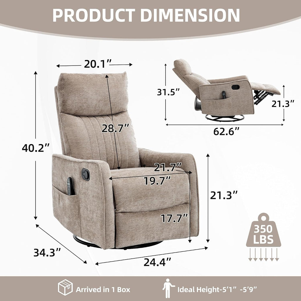 Swivel Rocker Recliner Chair, Nursery Rocking Chair with Heat and Massage, Glider Reclining Chair for Living Room Small Space Bedroom, Chenille Khaki