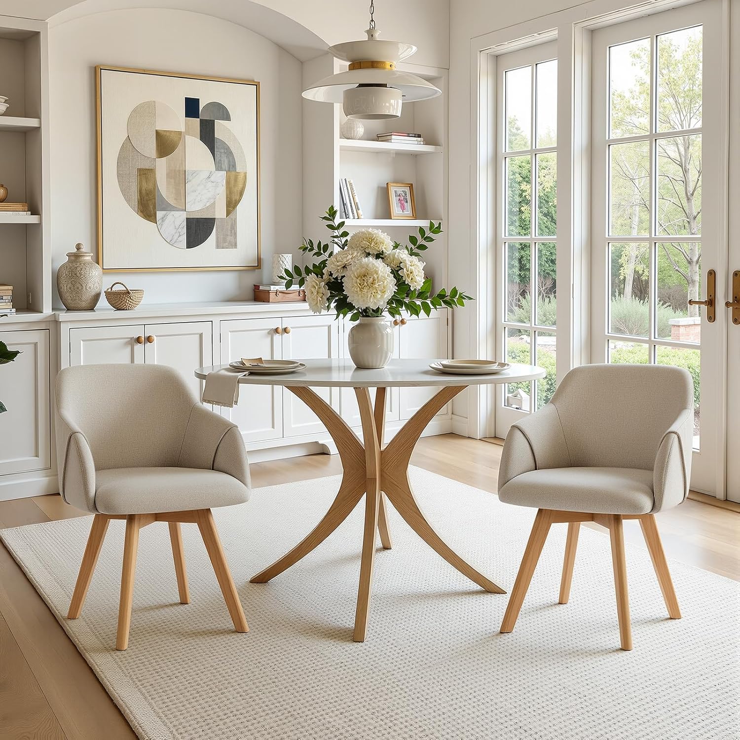 Swivel Dining Chairs Set of 2, Mid Century Modern Dining Chairs with Arms and Wood Legs, Linen Fabric Upholstered Kitchen Chairs for Dining Room Living Room, Comfortable Widen Seat, Sand
