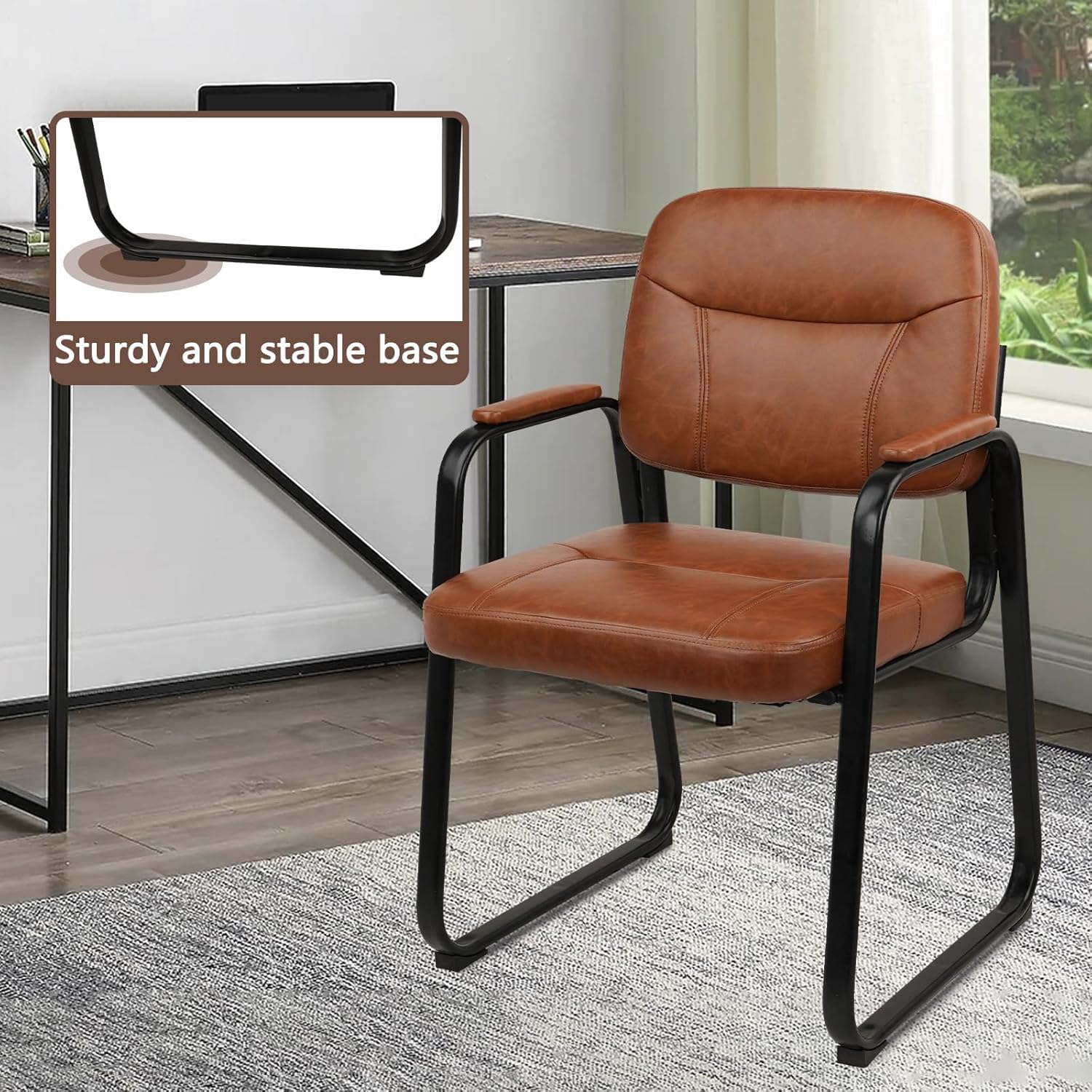 CLATINA Waiting Room Guest Chair with Bonded Leather Padded Arm Rest for Office Reception and Conference Desk Black with Sled Base Brown 1 Pack