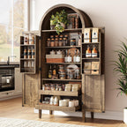 ONBRILL 71" Tall Arched Kitchen Pantry, Storage Cabinet Pantry with 2 Pull-Out Shelves, 6 Door Shelves, Organizer, Freestanding Morden Versatile Cupboard for Kitchen, Dining Room (Rustic Brown)
