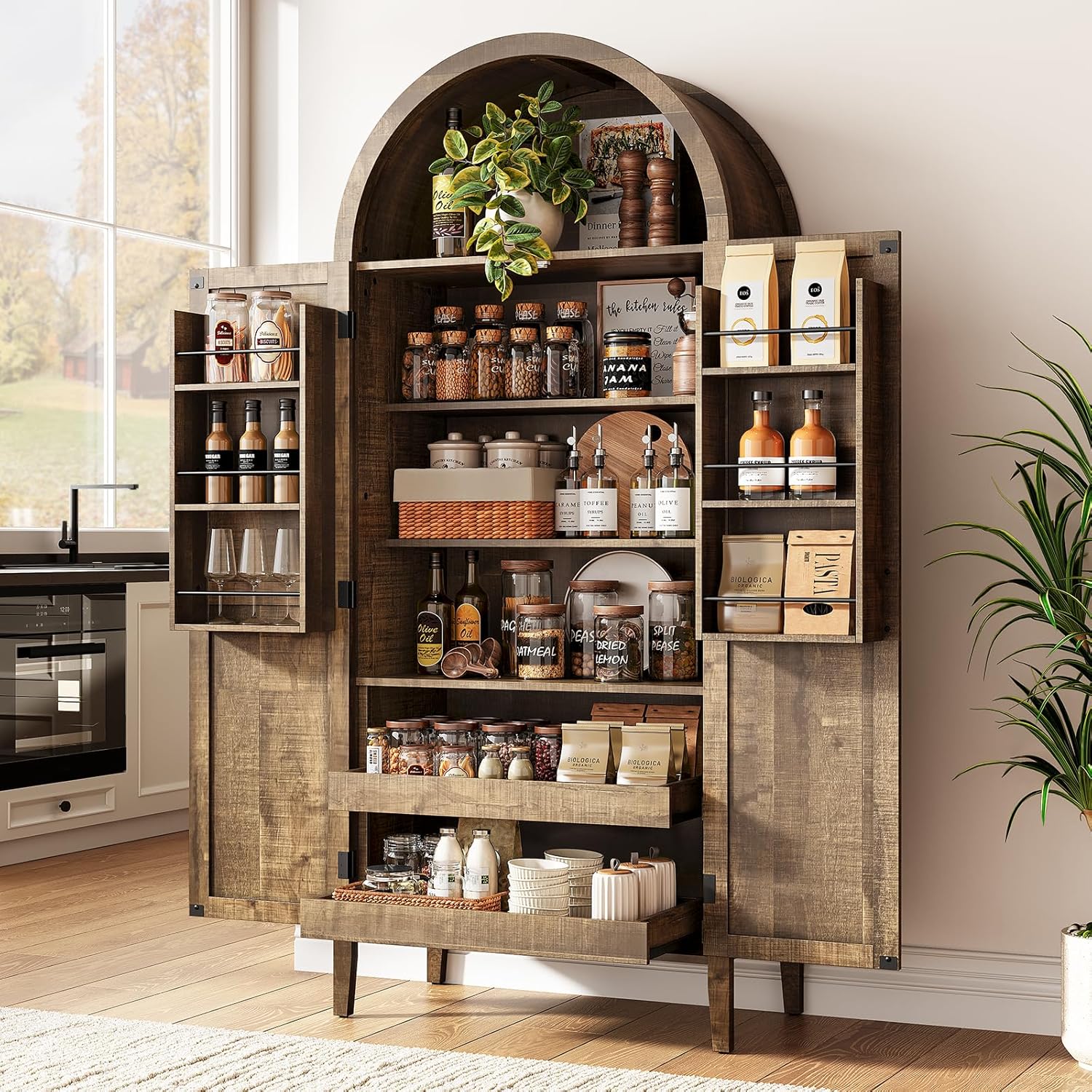 ONBRILL 71" Tall Arched Kitchen Pantry, Storage Cabinet Pantry with 2 Pull-Out Shelves, 6 Door Shelves, Organizer, Freestanding Morden Versatile Cupboard for Kitchen, Dining Room (Rustic Brown)