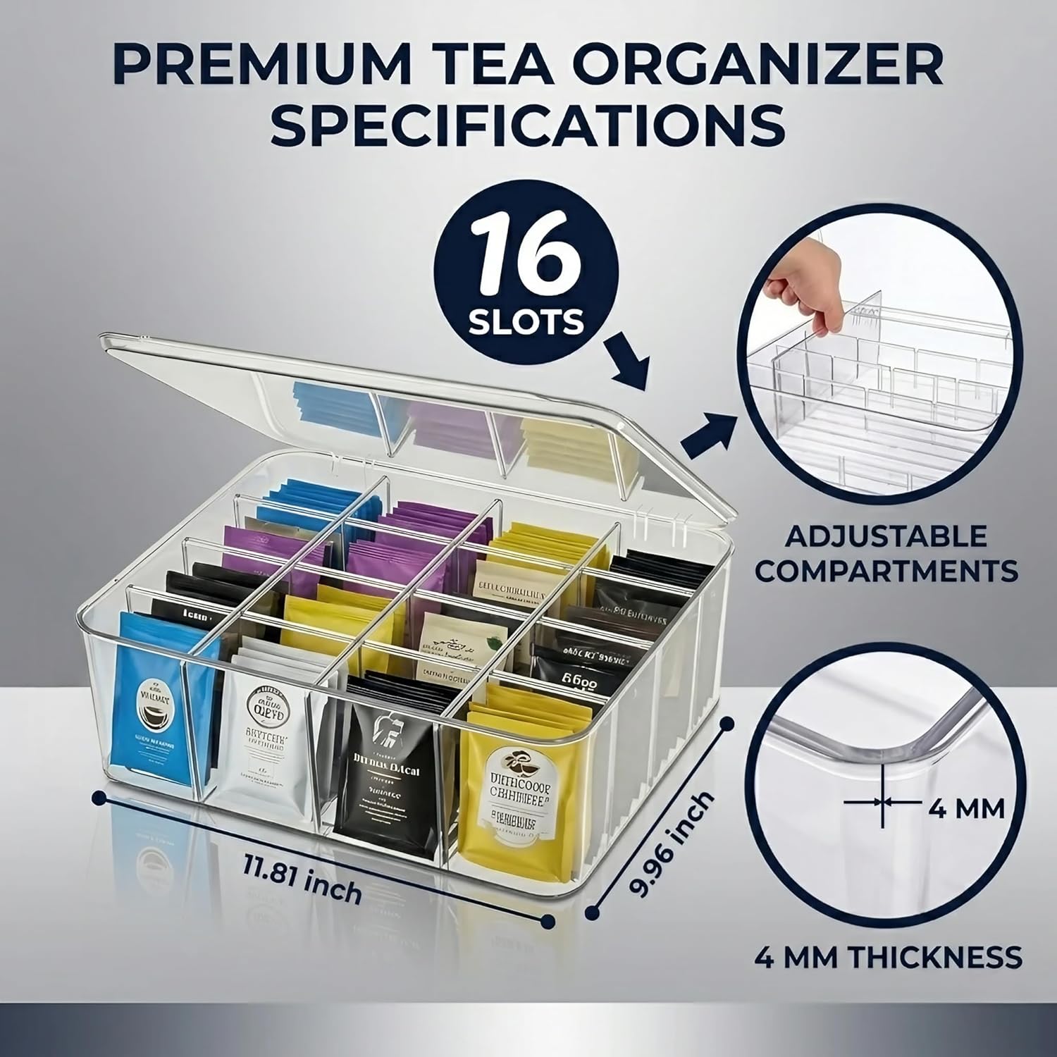 Tea Bags Organizer: Extra Large Tea Bag Holder with Lid - Drink Packets Organizer for Cabinet, Counter, Countertop, TeaBag Holder for 16 Different Types (Large)