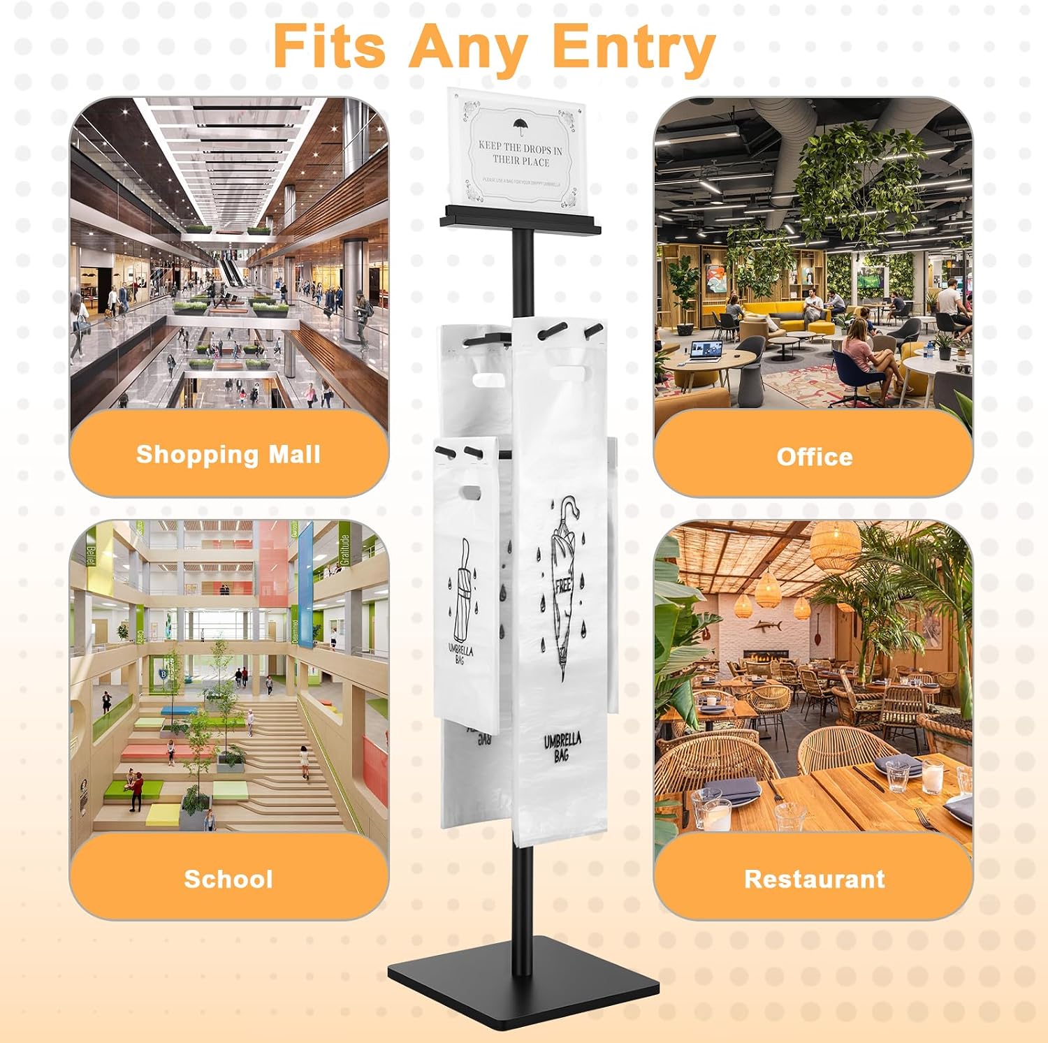 Wet Umbrella Bag Stand with 400 Bags, Dual Size Disposable Bags | Metal Holders for Magnetic Signs, Commercial Wet Bag Wrapper Holder Indoor Entryway