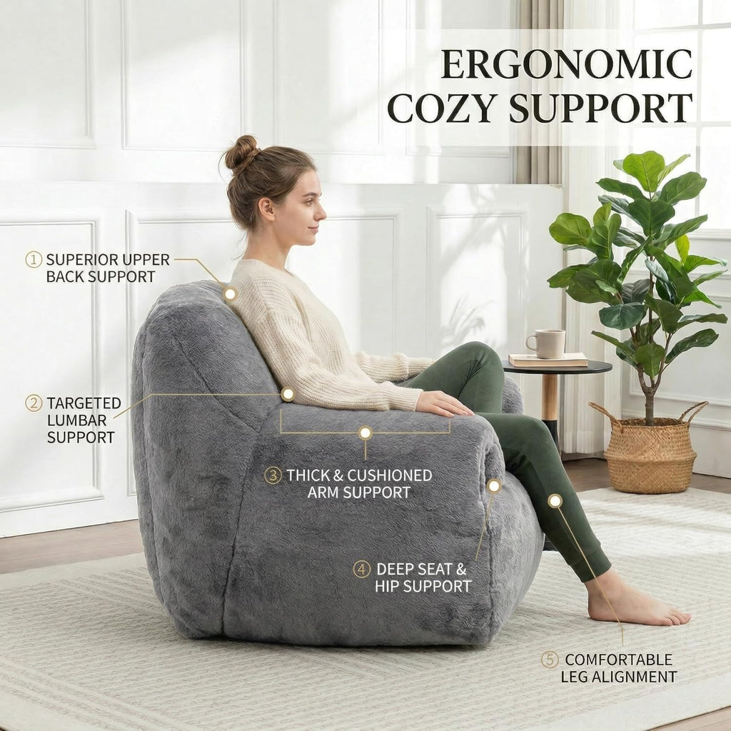 Bean Bag Chair for Adults and Childs with Armrests, High Back Supportive Plush Lounge, Oversized Faux Fur Floor Sofa for Living Room, Bedroom and Dorm (Dark Gray)