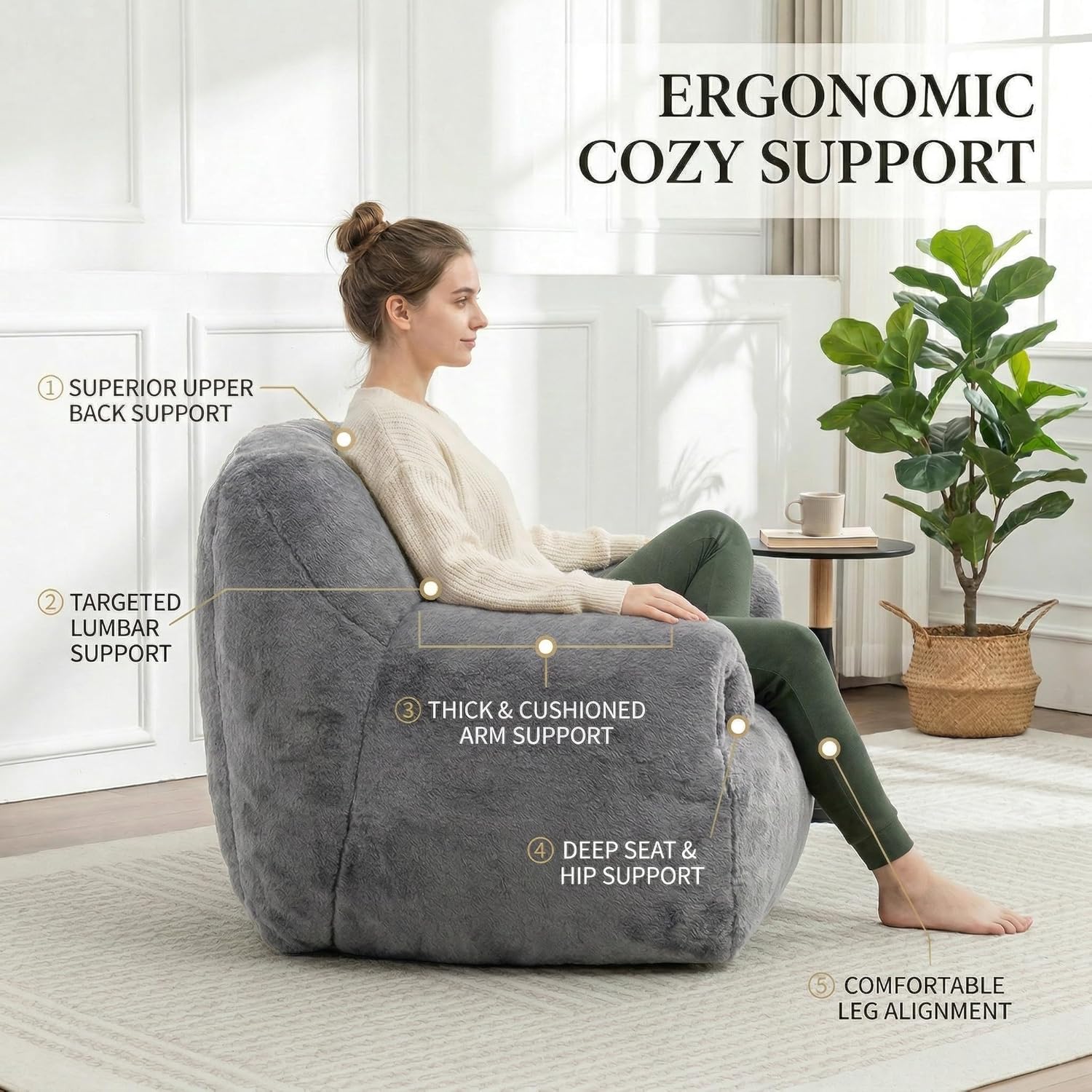 Bean Bag Chair for Adults and Childs with Armrests, High Back Supportive Plush Lounge, Oversized Faux Fur Floor Sofa for Living Room, Bedroom and Dorm (Dark Gray)