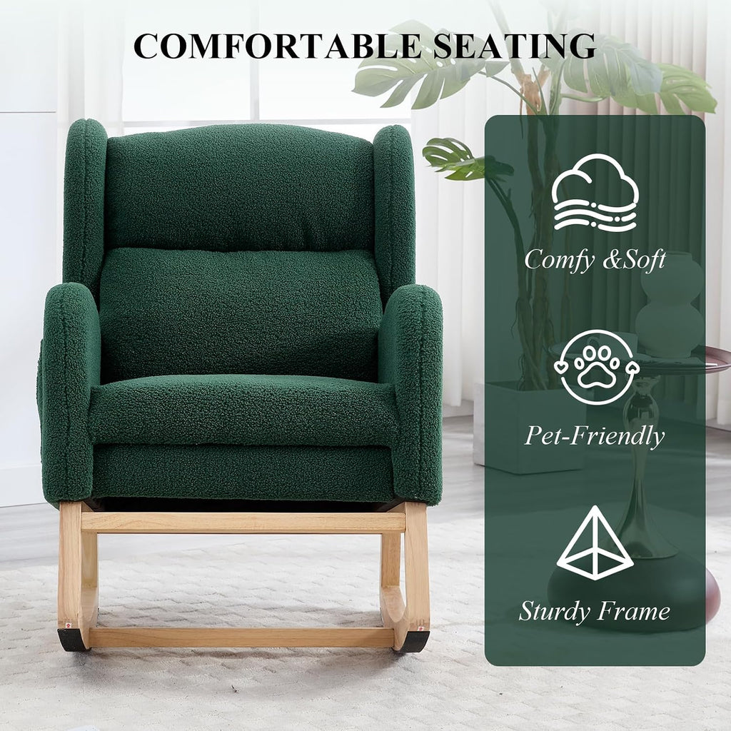 NIOIIKIT Nursery Rocking Chair with Footrest, Teddy Upholstered Glider Chair, Nursery Gliding Recliner with Side Pocket, Glider Rocker for Living Room (Green)