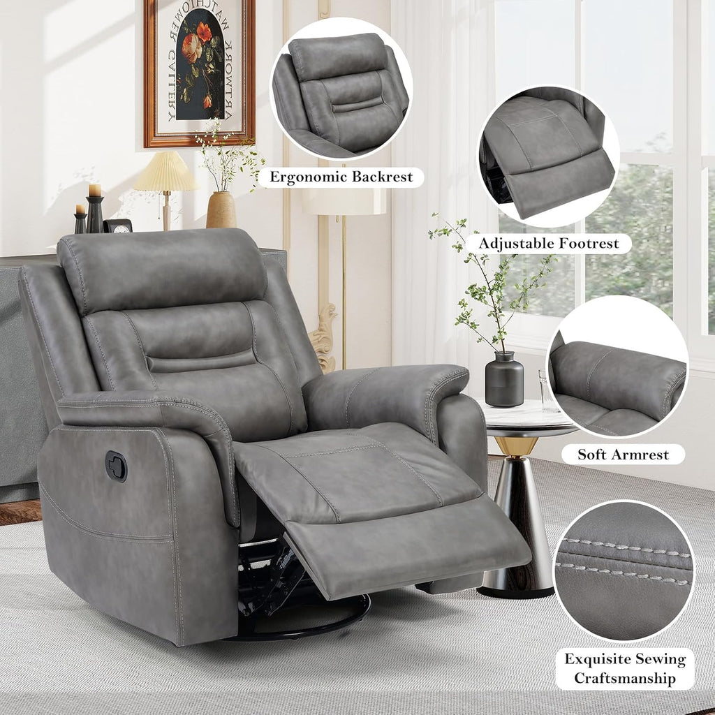Bonzy Home 360° Swivel Rocker Recliner Chair for Adults, Manual Faux Leather Reclining Chair with Ergonomic Backrest, Glider Rocking Nursery Single Sofa for Living Room, Bedroom, Grey