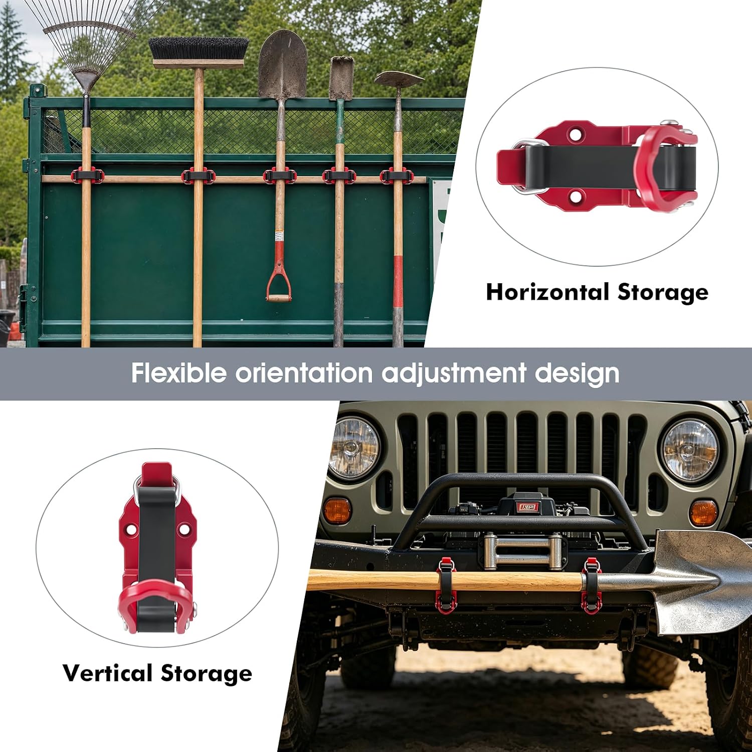 2 Pack Shovel Holder Wall Mount for Truck & Trailer, Adjustable Rubber-Coated Clamp for Shovel, Broom & Rake,Axe (0.6"–1.43"), Tool Holder for Overlanding, Off-Road, Work Truck & Garage,Red