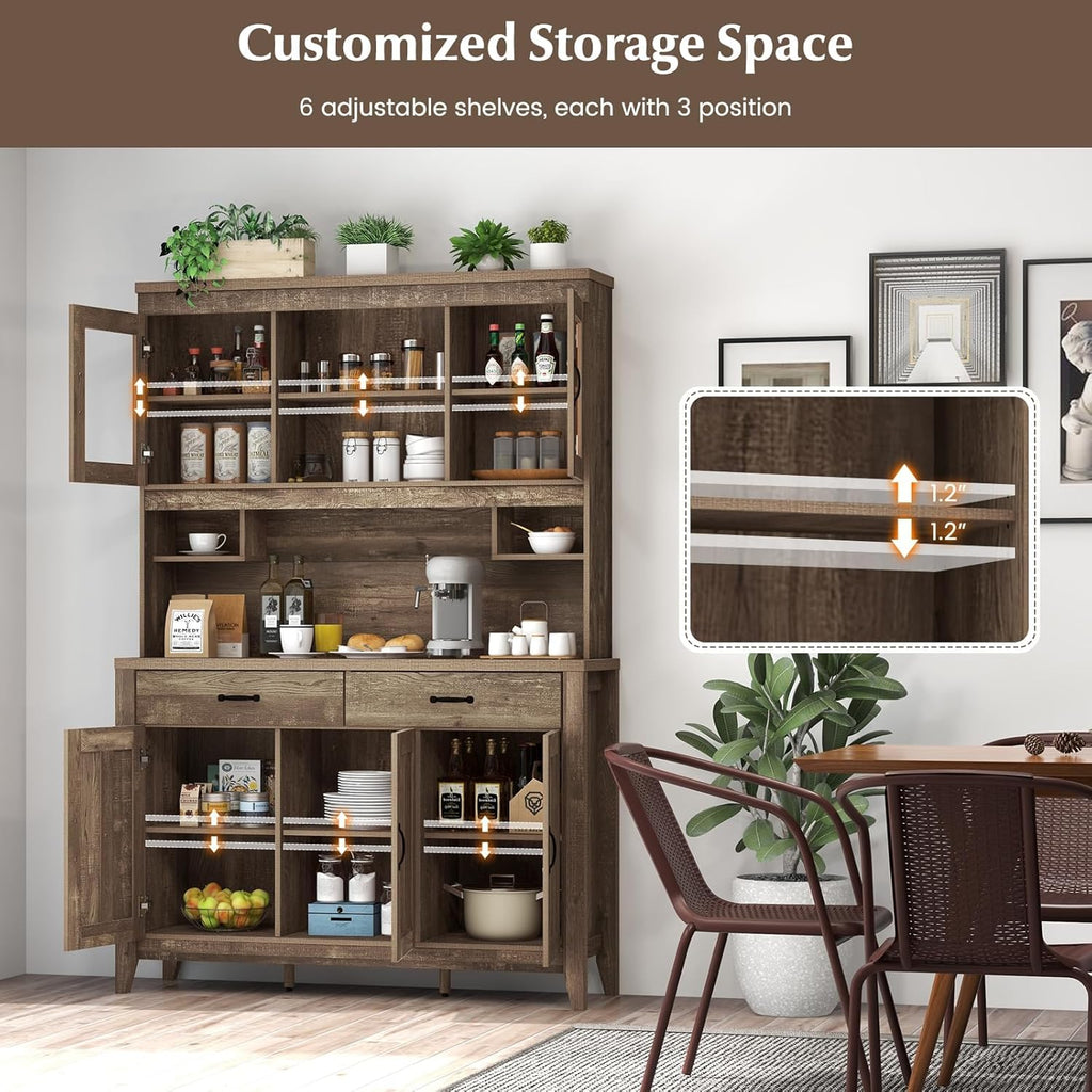 Byroce Kitchen Pantry Cabinet, Farmhouse 78.5” Tall Storage Cabinet w/Countertop, Adjustable Shelves & Drawers, Microwave Shelf w/Hutch, Wooden Buffet Sideboard w/Tempered Glass Doors, Rustic Brown