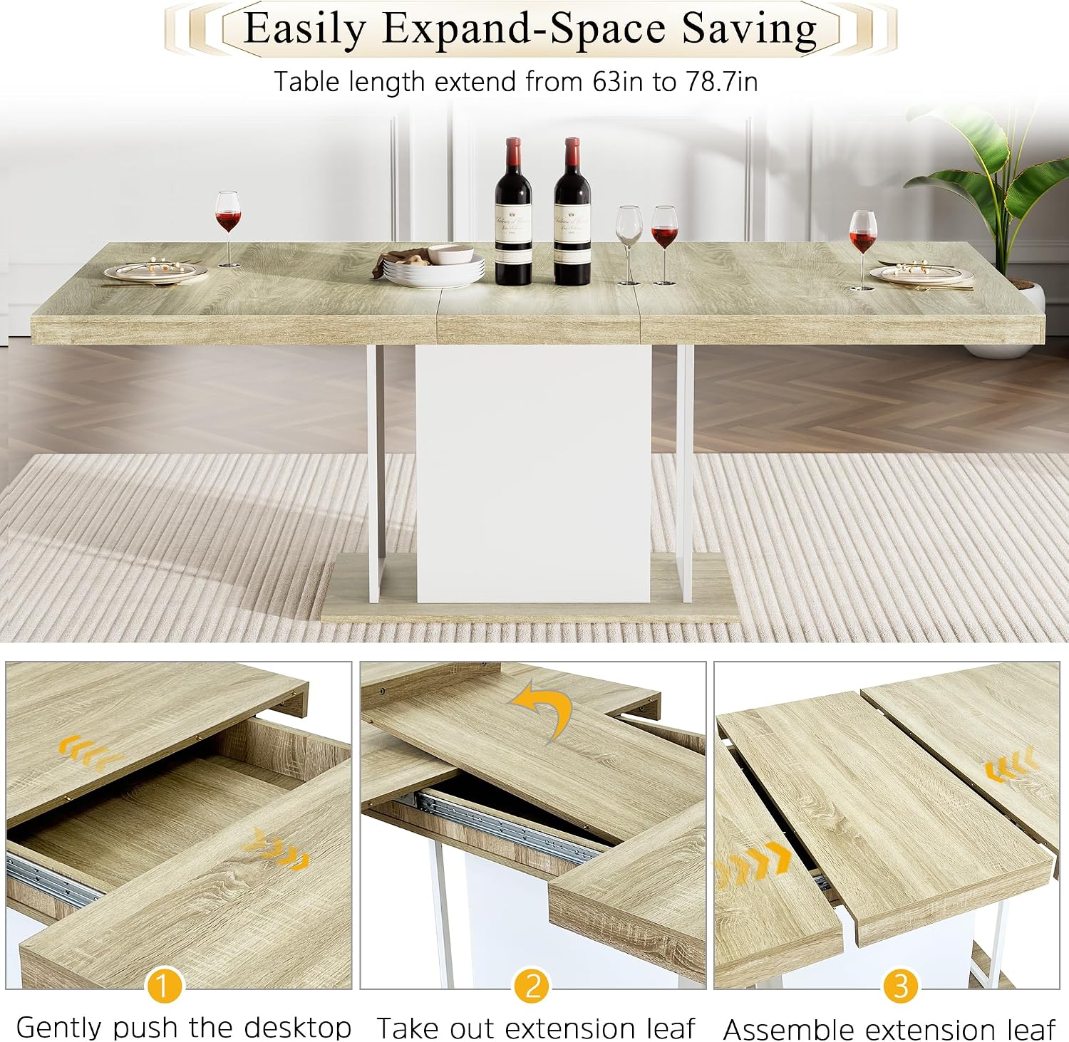 78.7" Farmhouse Extendable Dining Room Table Set for 8, 9-Piece Rectangle Kitchen Dining Table Set with Wood Base and 8 Grey Velvet Dining Chair, Extending Kitchen & Dining Table Set