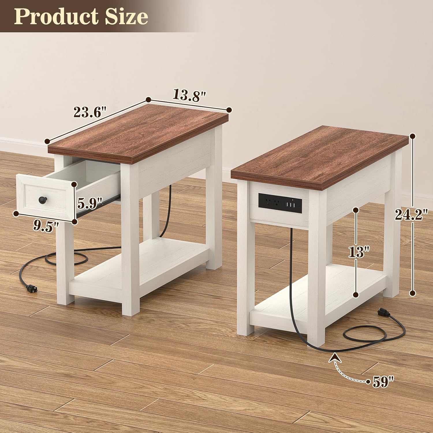 Narrow End Table with Charging Station - Farmhouse Side Table with Drawer, 14" Wide Wood Nightstand Slim Couch Bedside Table for Living Room Bedroom Small Spaces, 2-Tone Antique White & Brown