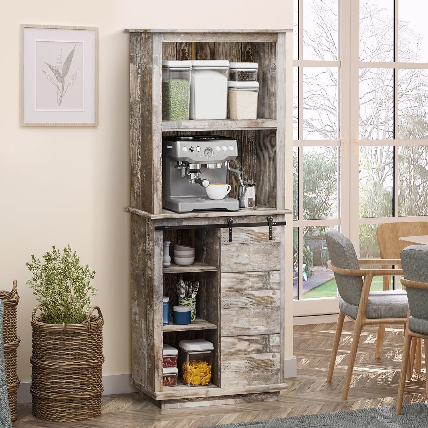 Freestanding Rustic Kitchen Buffet Cabinet, Pantry Storage Cabinet with Sliding Barn Door, Adjustable Shelf, Vintage Wood,for Kitchen