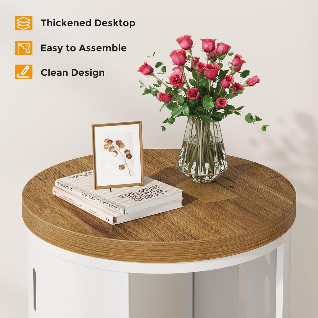Rustic Round End Table, 2-Tier Side Table with Storage Shelf, Small Nightstand for Living Room and Small Spaces, White Metal Frame (Light Brown, Set of 2)