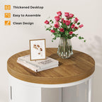 Rustic Round End Table, 2-Tier Side Table with Storage Shelf, Small Nightstand for Living Room and Small Spaces, White Metal Frame (Light Brown, Set of 2)