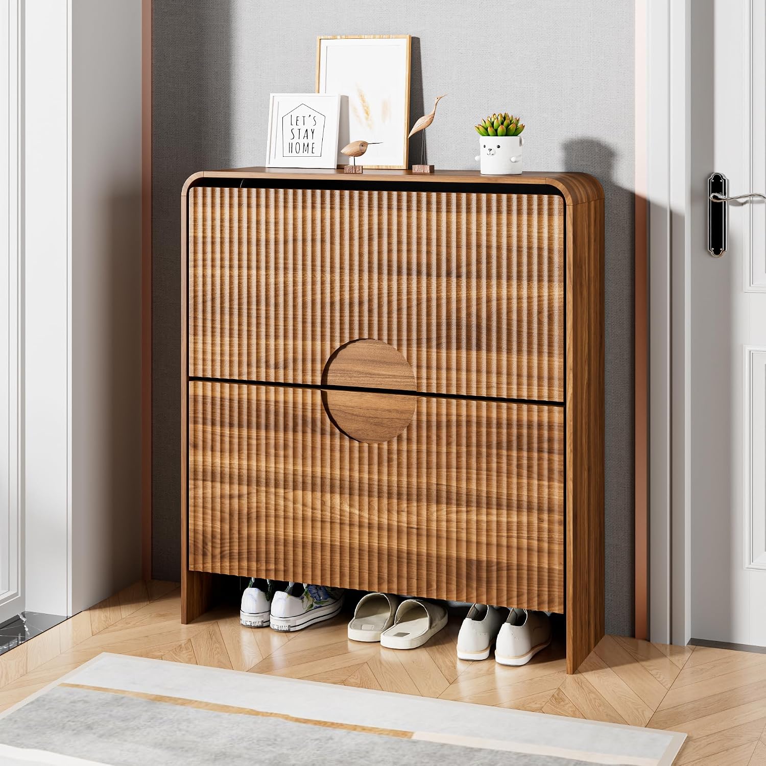 Slim Shoe Storage Cabinet for Entryway, Narrow Shoe Cabinet with 2 Tier Flip Drawers Doors, Fluted Hidden Shoe Rack Organizer for Entrance, Entry Way, Foyer, Hallway, Walnut