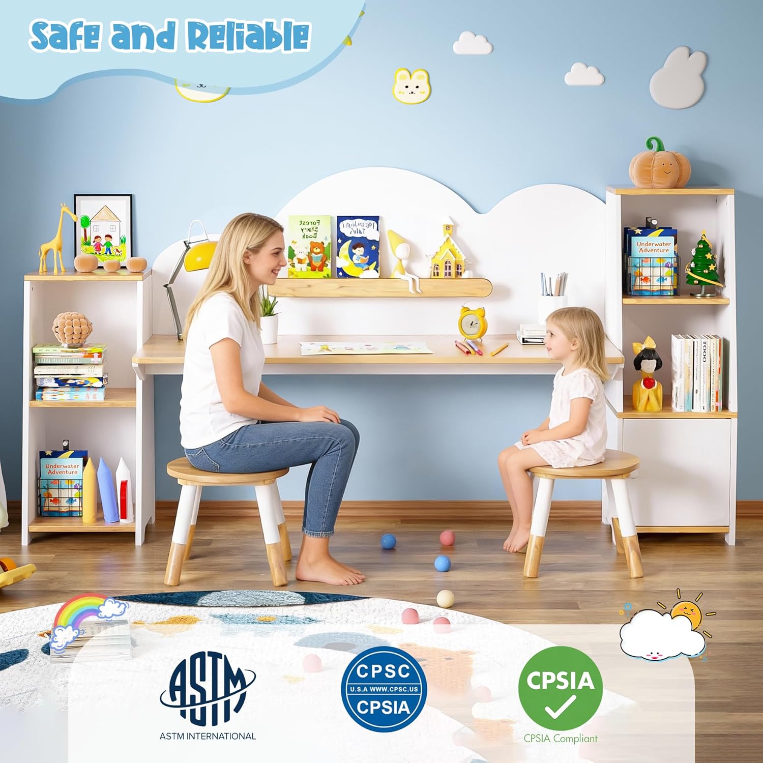 Wooden Kids Study Desk with Storage and 2 Stools, Kids Study Desk and Chair Set, Children Study Table with Bookshelves, Boys & Girls Study Desk for Ages 3-8, Bedroom, Toddler