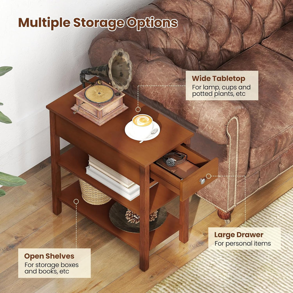 Giantex Narrow End Table, Farmhouse Side Tables with Drawer & Storage Shelves, Wood Sofa Side Tables, 3-Tier Nightstands for Small Space, Living Room, Bedroom, 23.5" L x 12" W x 24.5" H, Brown