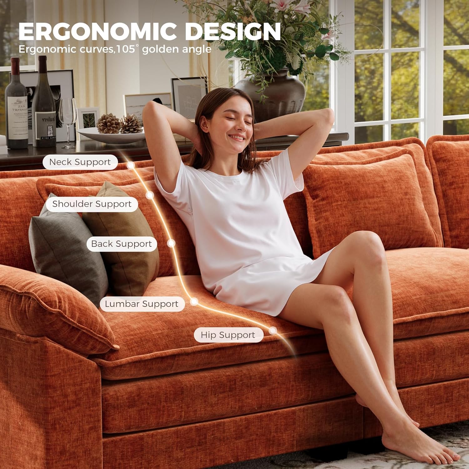 CDCASA 120" Oversized Modular Sectional Sofa, Comfy U-Shaped Cloud Couch w/ 2 Movable Ottoman, 5-Seater Chenille Deep Seat Modern Sofa Couch for Living Room, DIY Combination, Terracotta Orange