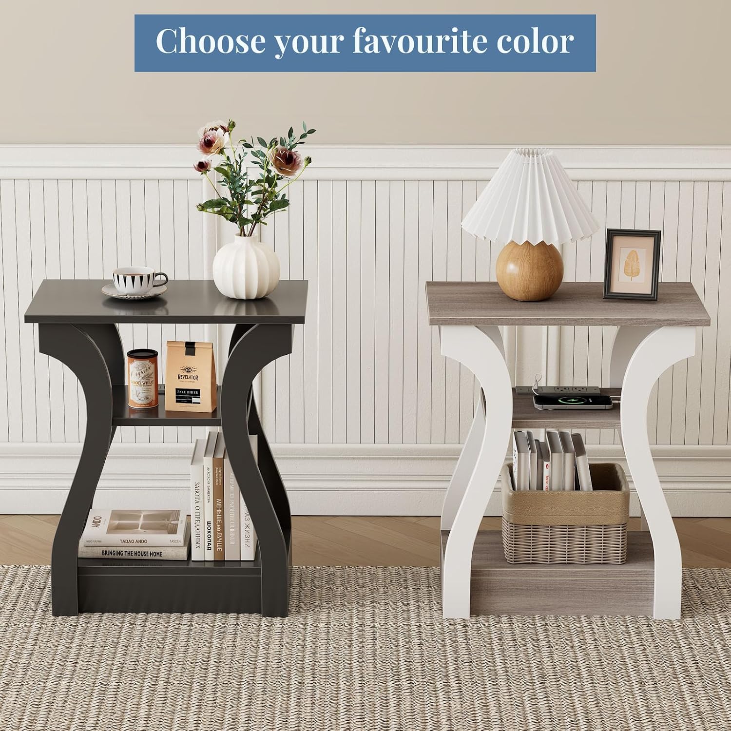 OLIXIS 3 Tier End Table with Charging Station, Modern Curved Nightstand Side Table with USB, Type-C Port & AC Outlets, Storage Shelf Cabinet for Living Room Bedroom Home Decor, Off-White