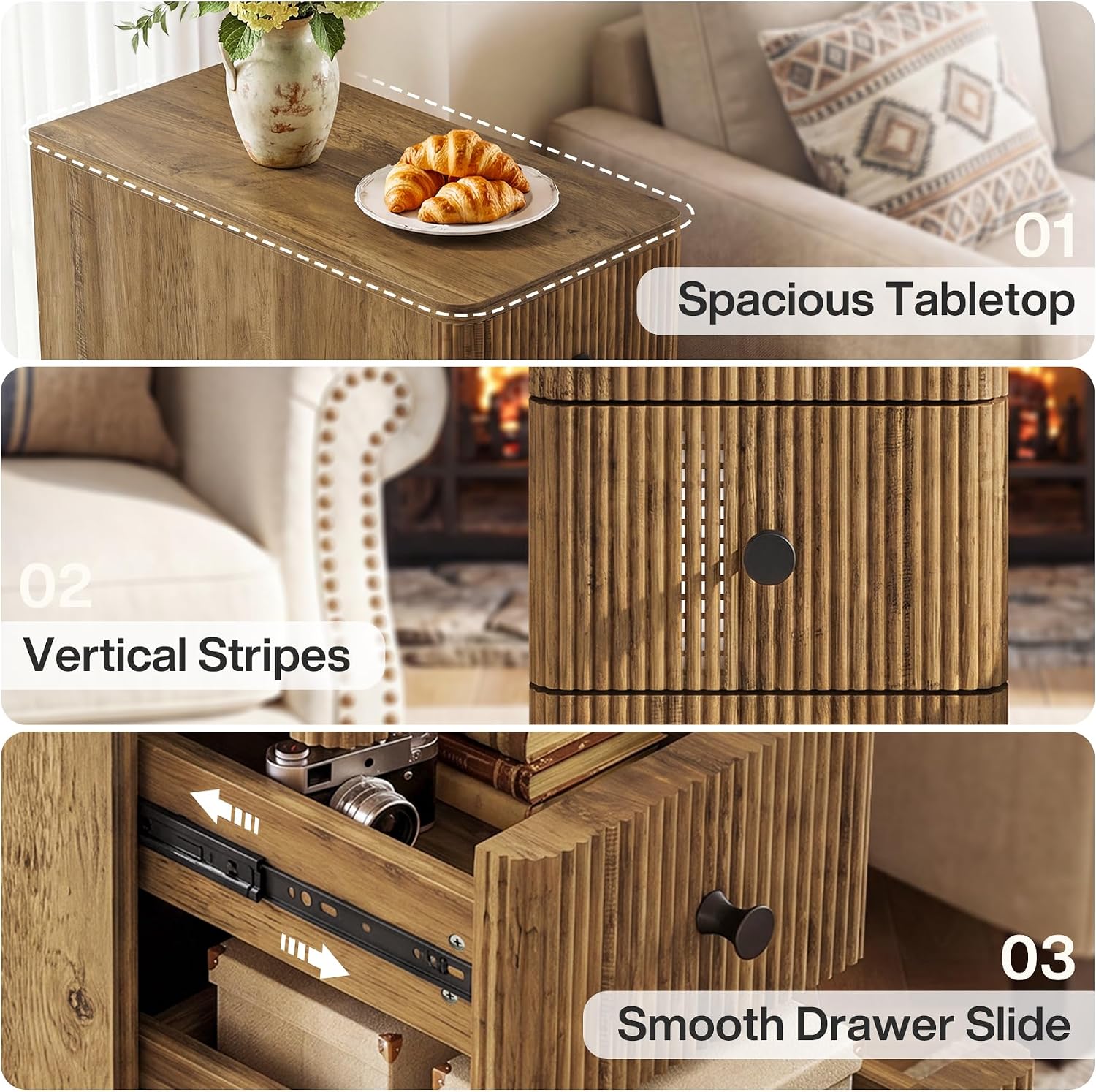 Tribesigns End Table with 3 Drawers, Farmhouse Fluted Narrow Side Table, Wood Slim Sofa Side Table for Small Spaces, Rustic Nightstand with Storage for Living Room Bedroom