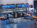 L Shaped Gaming Desk with Fabric Drawers and Power Outlet, Corner Computer Desk with LED-Lit Tempered Glass Display Cabinet, L Shaped Office Desk with Storage,PC Desk for Gaming and Home Office, Black