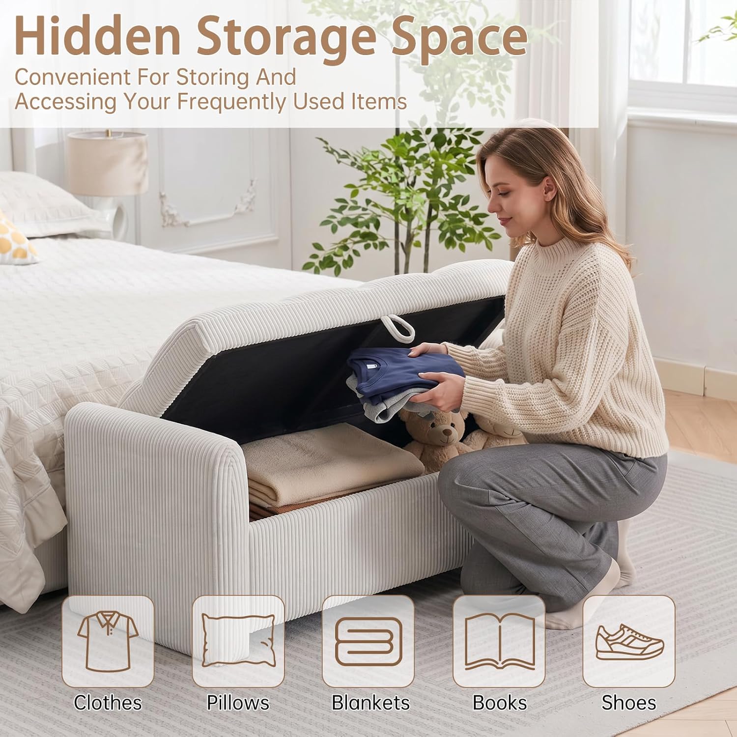 Storage Bench for Bedroom End of Bed, Upholstered Storage Ottoman Bench with Pillows for Foot of Bed, Bedroom,Living Room, Entryway, Corduroy White