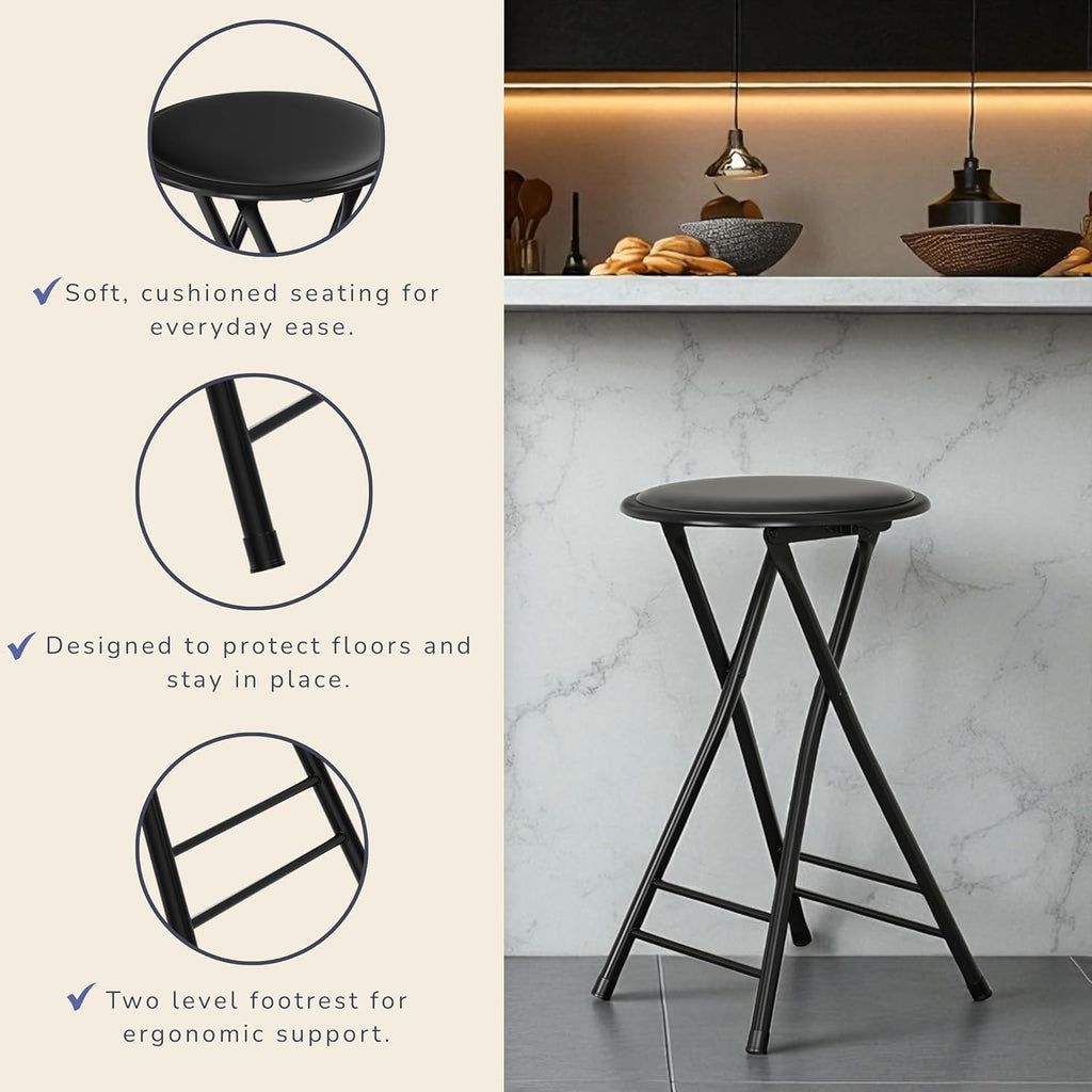 Lavish Home Backless Folding Stool with 225lb Capacity for Kitchen or Rec Room - Portable Indoor Counter Bar Stools (24-Inch, Black)