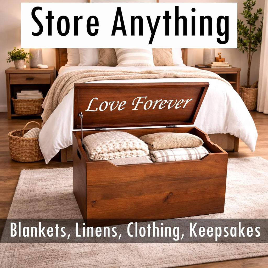 Personalized Engraved Name, Fully Assembled, Solid Wood Storage Trunk with Lid & Handles, Hope Chest, Wooden Box, Bedroom Organizer, Birthday, Gift, Blankets, Clothes, Slow-Close Lid, 30”, Walnut