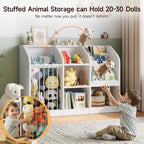 ONBRILL Toy Storage Organizer with Bookshelf & Stuffed Animal Storage, Kids Montessori Low Cabinet with 4 Open Cubbies for Kids Room Playroom Nursery Bedroom Living Room (White)