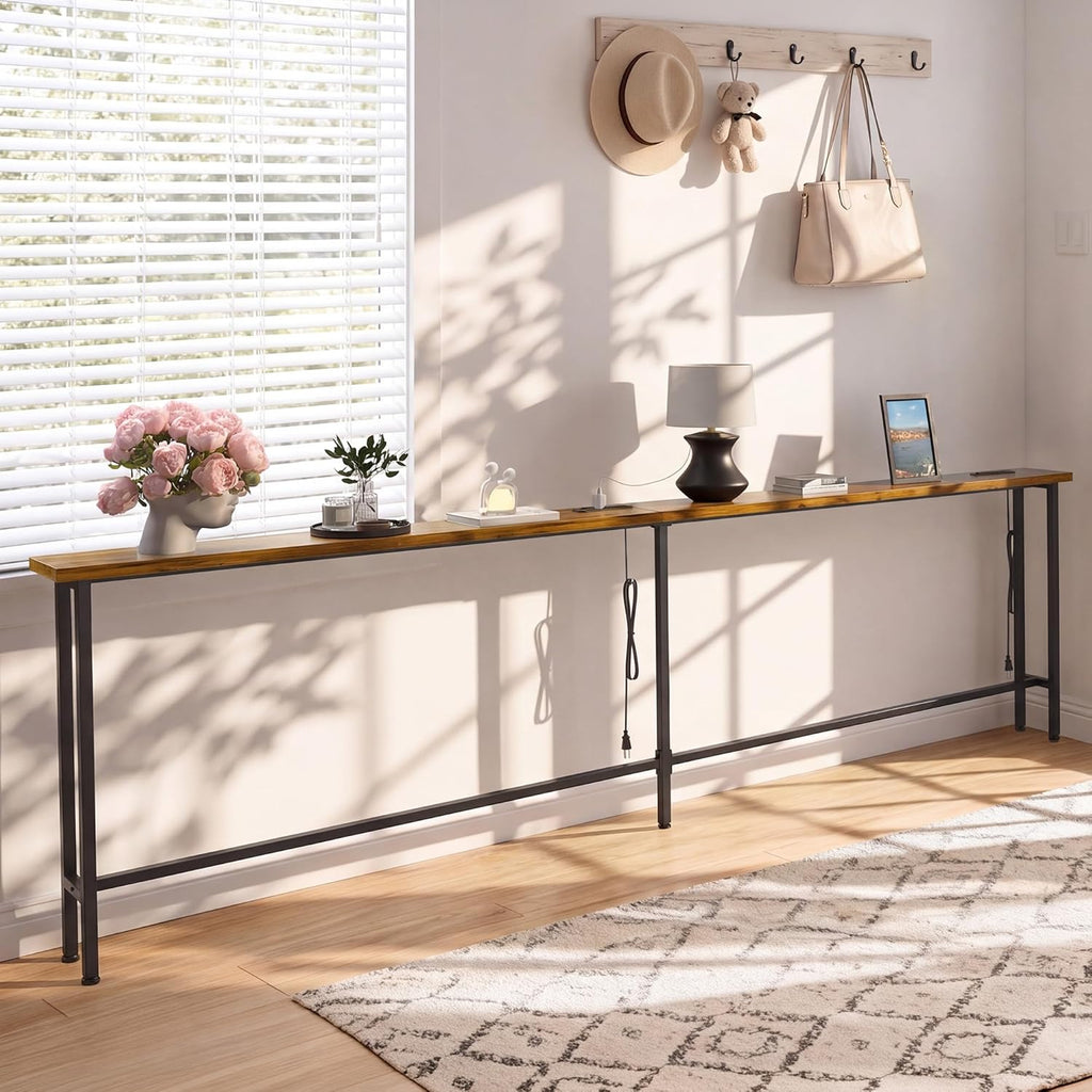 GRLEAF 90" Sofa Table with Built-in Power Strip (4 AC Outlets & 4 USB Ports) – 4.9ft Power Cord, Metal Frame, Easy Assembly, Long Couch Table Behind Sofa, Living Room and Home Office | Rustic Brown