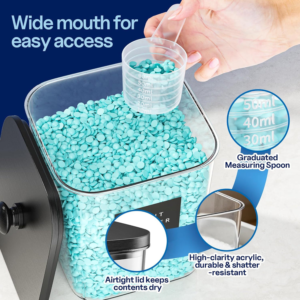 3+1+1 Pack Laundry Pods Container & Dryer Sheet Holder with Lid, 54OZ Liquid Soap Detergent Dispenser for Powder, Beads and Fabric Softener, Black Laundry Room Organization and Storage, 10 Labels